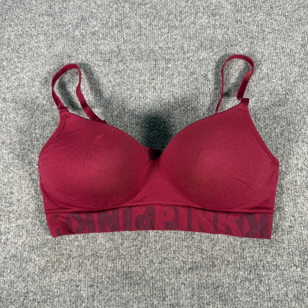 Victorias Secret PINK Cool & Comfy Wireless Bra Burgundy Maroon Logo Large #4279